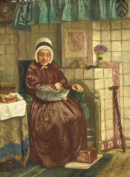 August Allebe Old woman by a hearth France oil painting art